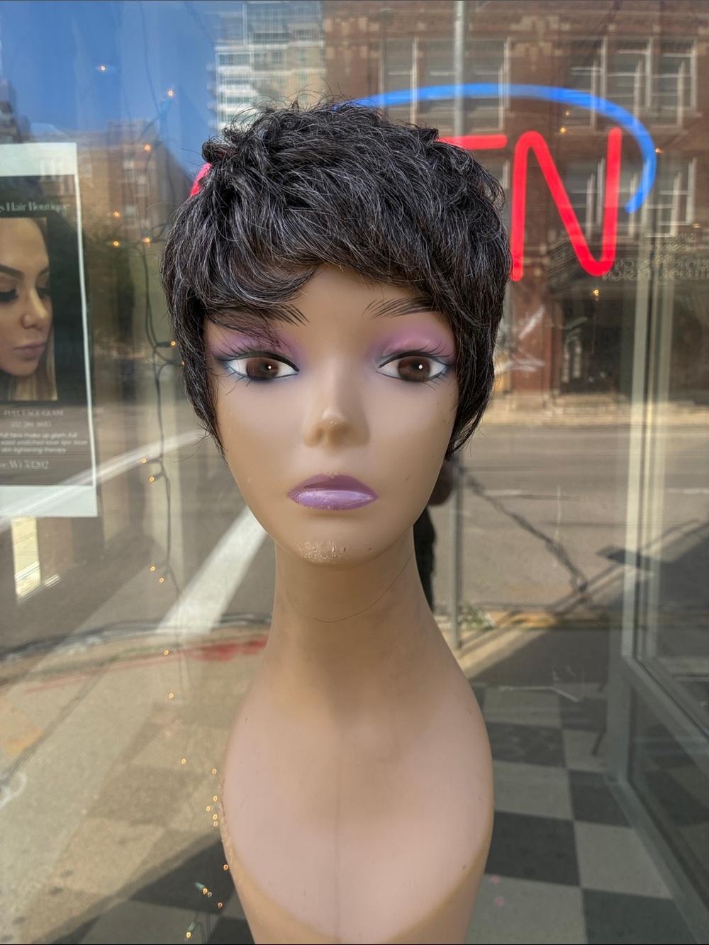 Short Layered Women's Wig in Dark  Gray with highlights